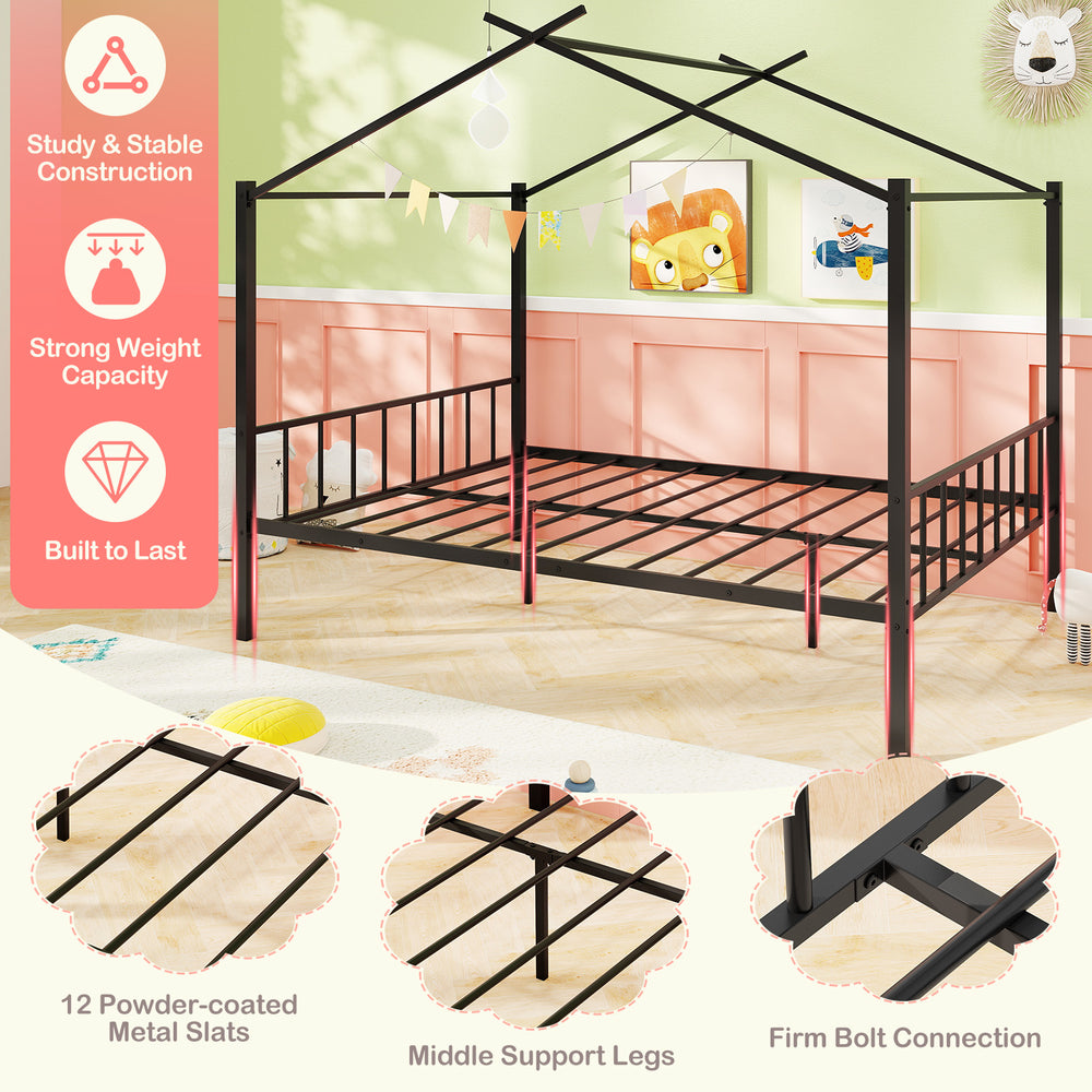 Full size black metal house bed with two fabric drawers, featuring sturdy construction and 12 metal slats for kids'.