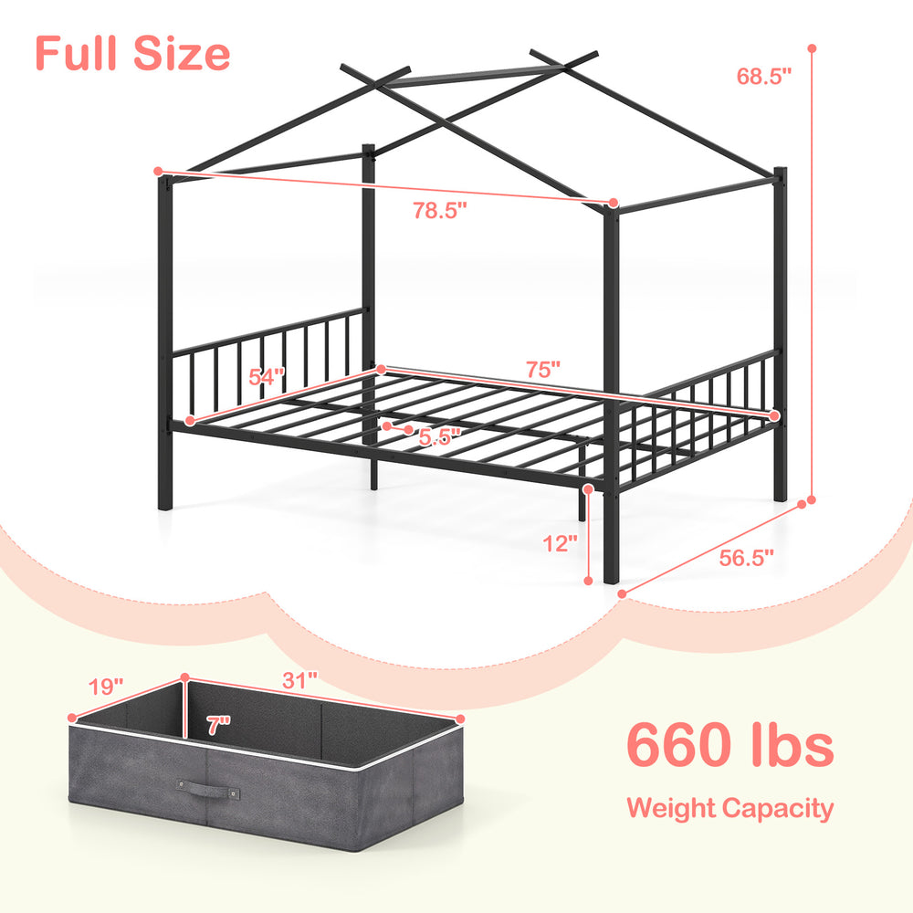 Full size black metal house bed with dimensions and two fabric drawers for kids, offering sturdy support and.