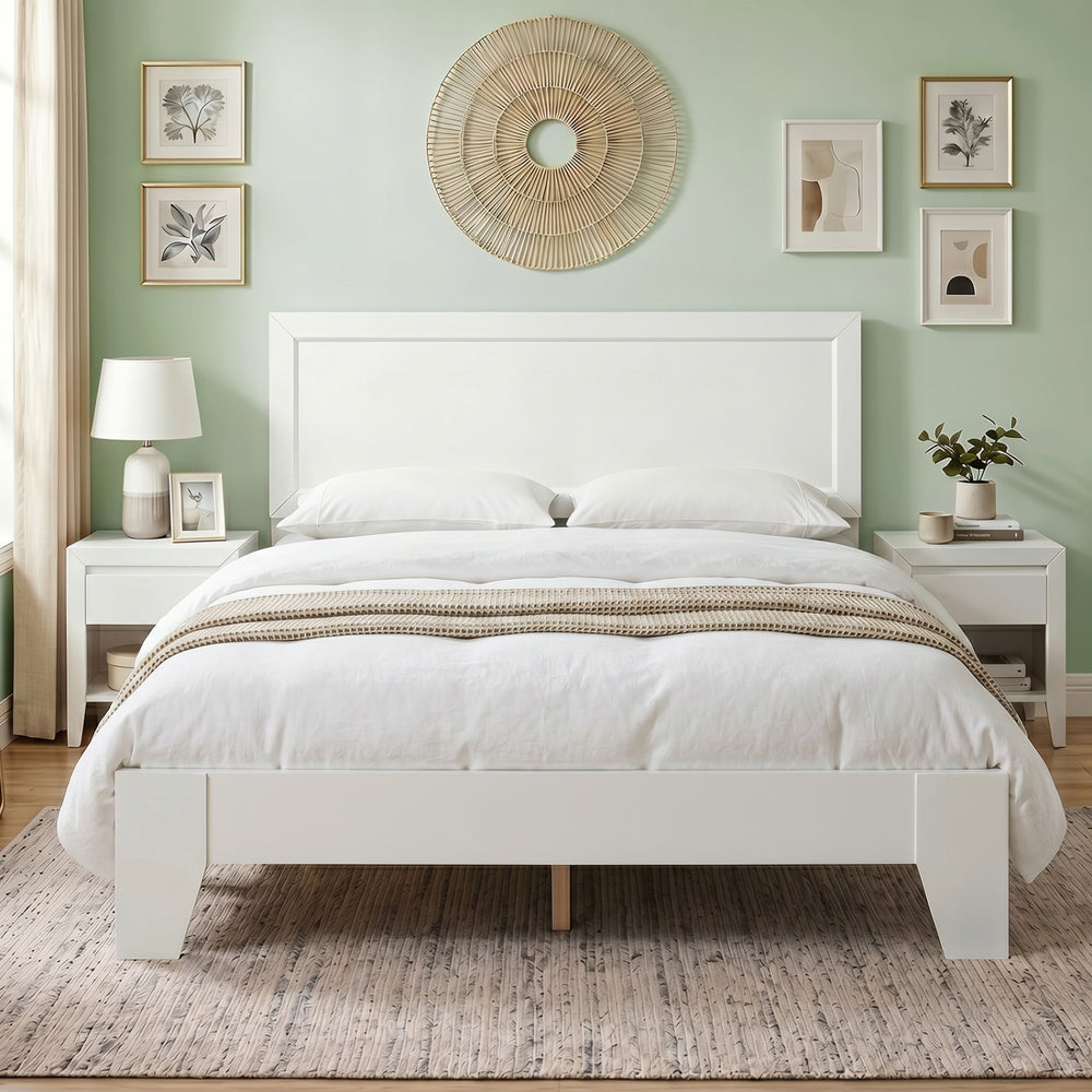 Modern white platform bed frame with headboard and wooden slat support, featuring under-bed storage for versatile bedroom use.