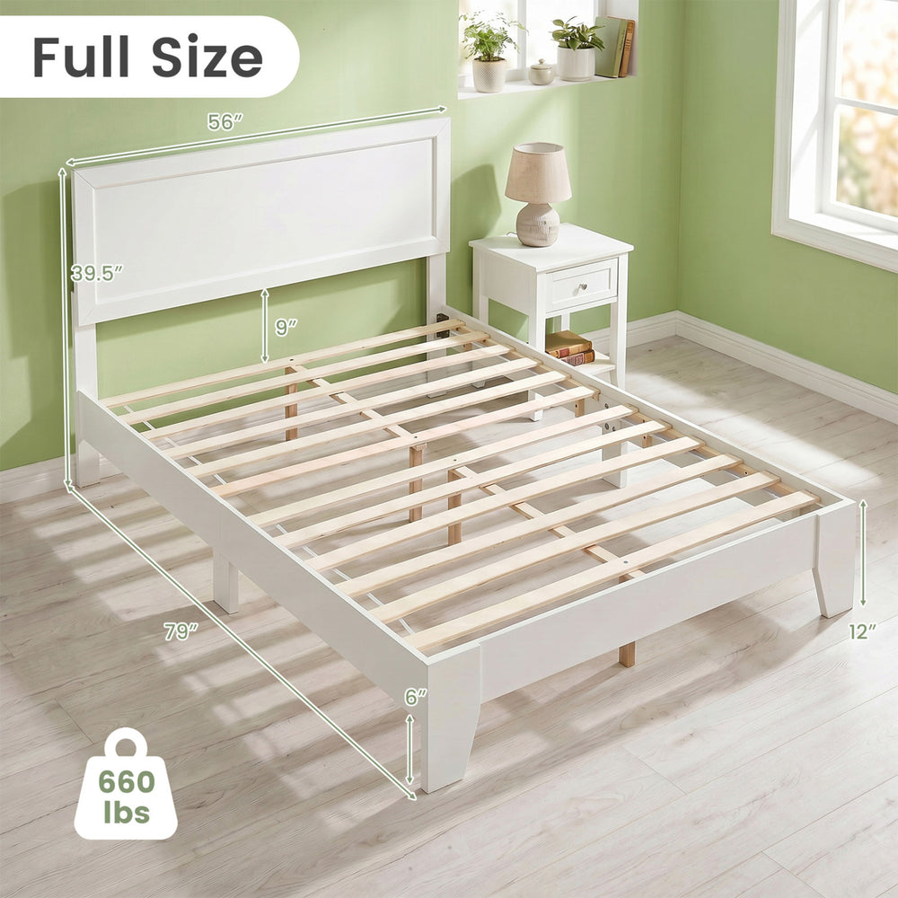 Full size modern platform bed frame in white with wooden slat support and under-bed storage for versatile bedroom use.