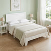 Mid-century modern bed frame in white with wooden slat support, featuring a stylish headboard and under-bed storage space.