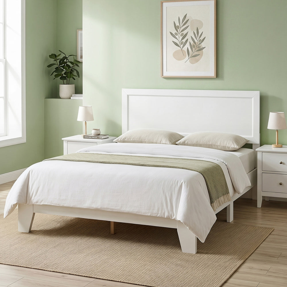 Modern white platform bed frame with headboard, wooden slat support, and under-bed storage for twin/full/queen mattresses.