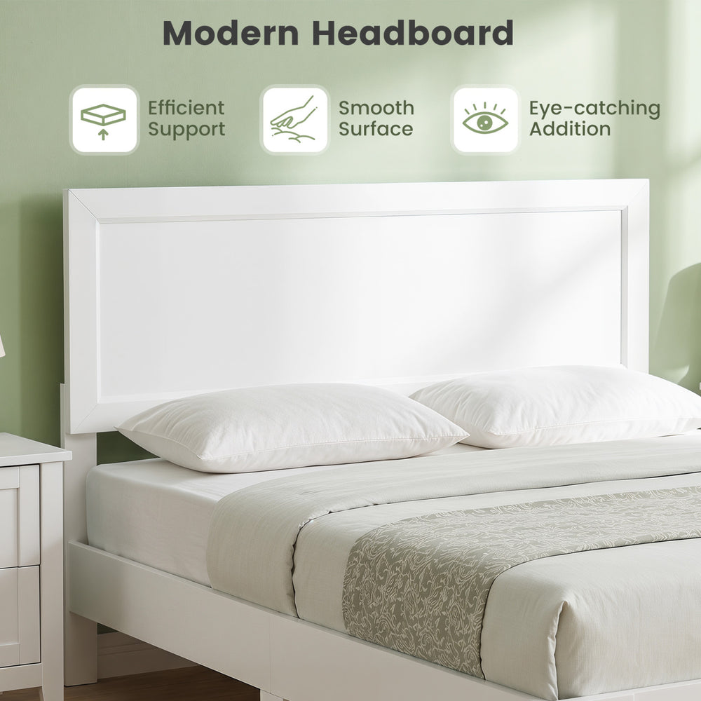 Modern white headboard for twin/full/queen bed frame with wooden slat support and under-bed storage space.