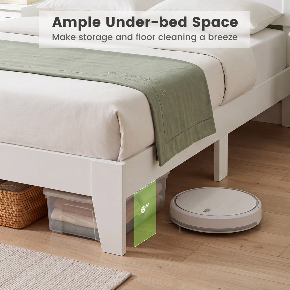 Modern platform bed frame with headboard and 6" under-bed storage space for easy organization and cleaning.