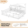 Full size Montessori floor bed in white with storage compartments and house shape design for children's play and sleep.