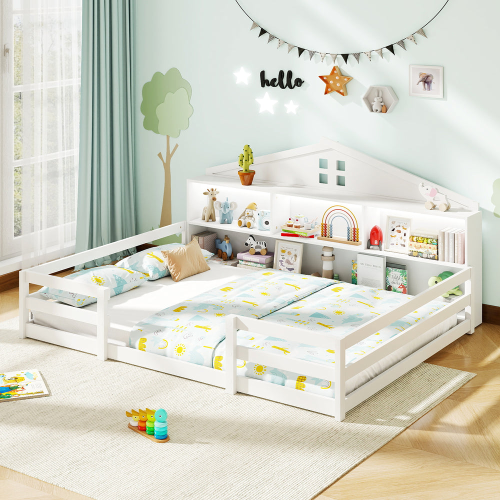 Montessori floor bed in white with storage compartments and shelf, designed for children's comfort and play.
