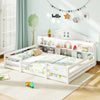 Montessori floor bed in white with storage compartments and shelf, designed for children's comfort and play.