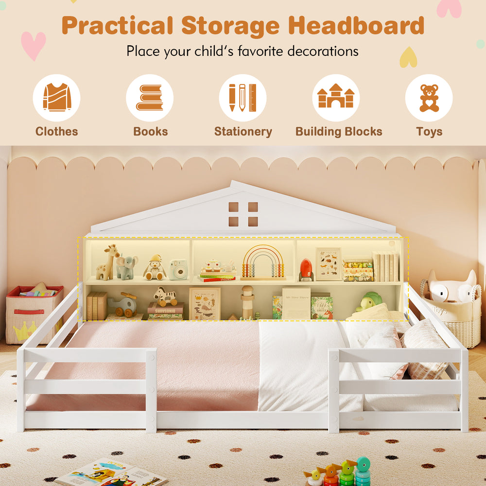 Full size Montessori floor bed with storage compartments and shelf, featuring a house shape design for kids' play and.