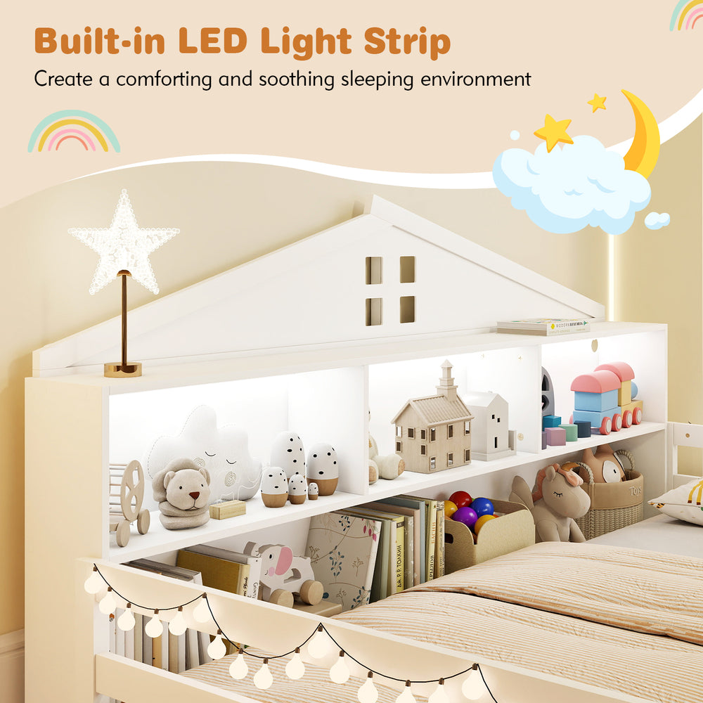 Full size Montessori floor bed in white with built-in LED light strip and storage compartments for a cozy children's.