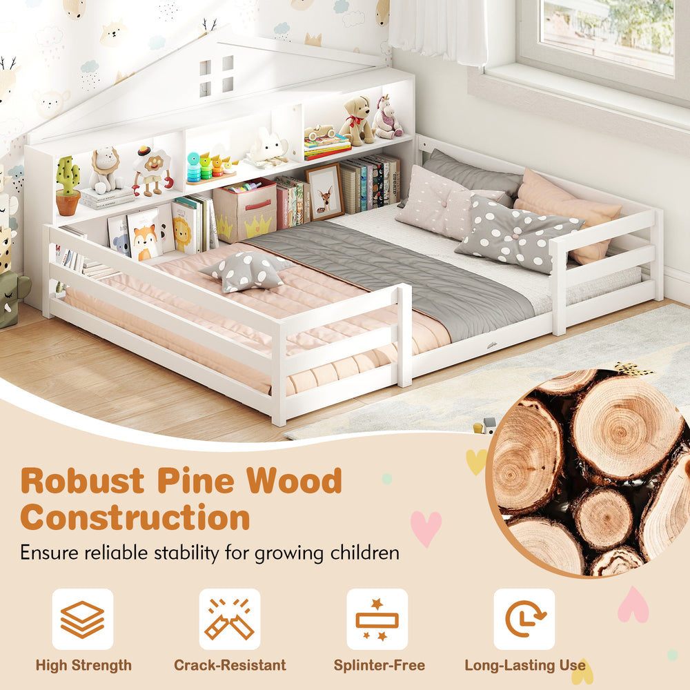 Full size Montessori floor bed in white with storage compartments, featuring robust pine wood construction for.