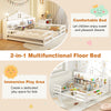 Montessori floor bed with storage compartments, featuring a house shape design for sleeping and play in white.