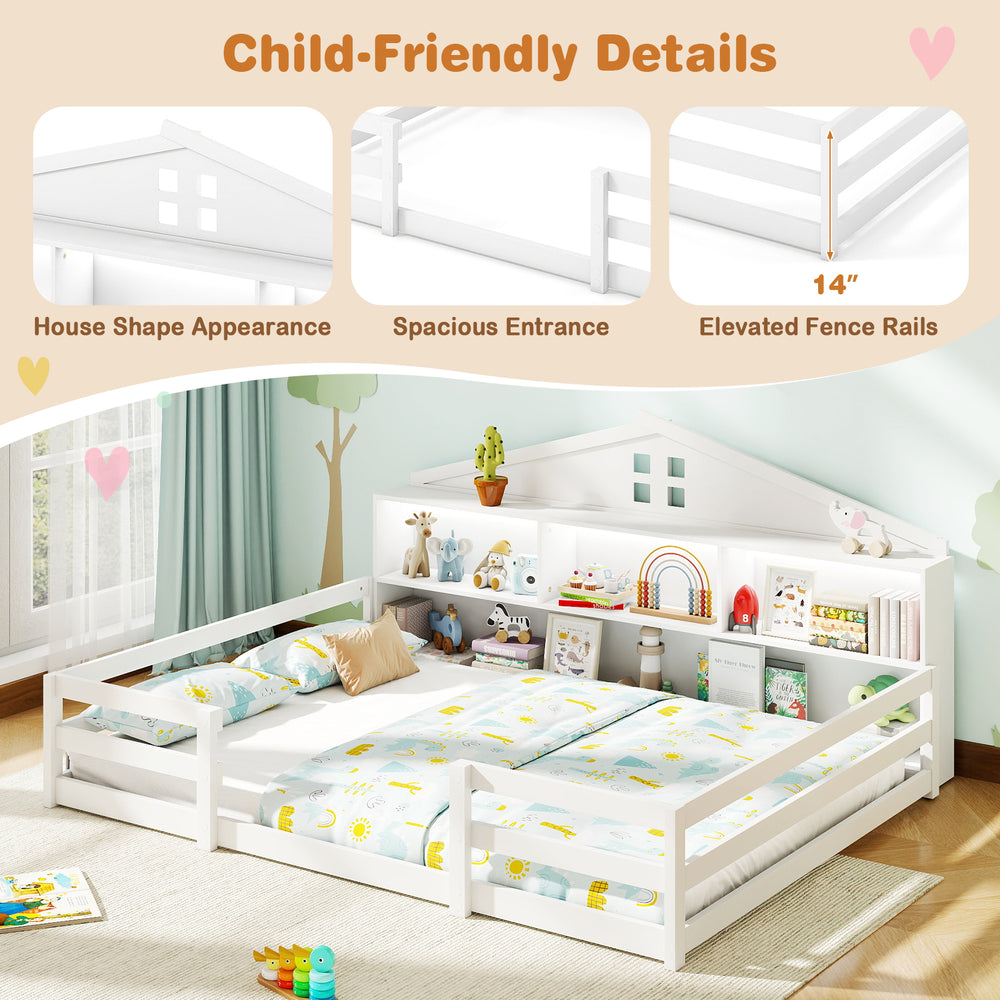 Full size Montessori floor bed in white with house shape design, elevated fence rails, and storage compartments for.