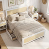 Full size white rattan bed frame with storage drawers, featuring a boho design and sturdy wooden construction.