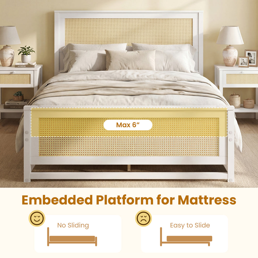 Full size rattan bed frame in white with embedded platform and storage drawers for organized bedroom space.