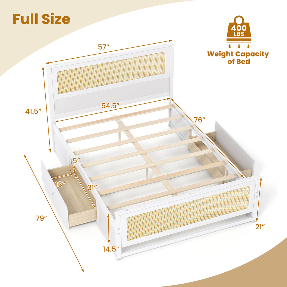 Full size rattan bed frame in white with two storage drawers, featuring a sturdy wooden construction and elegant design.