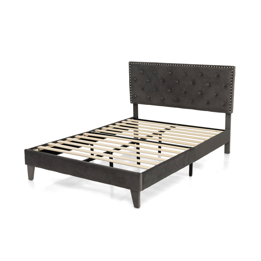 Full/Queen size upholstered platform bed with tufted headboard and sturdy plywood slats for maximum comfort and support.