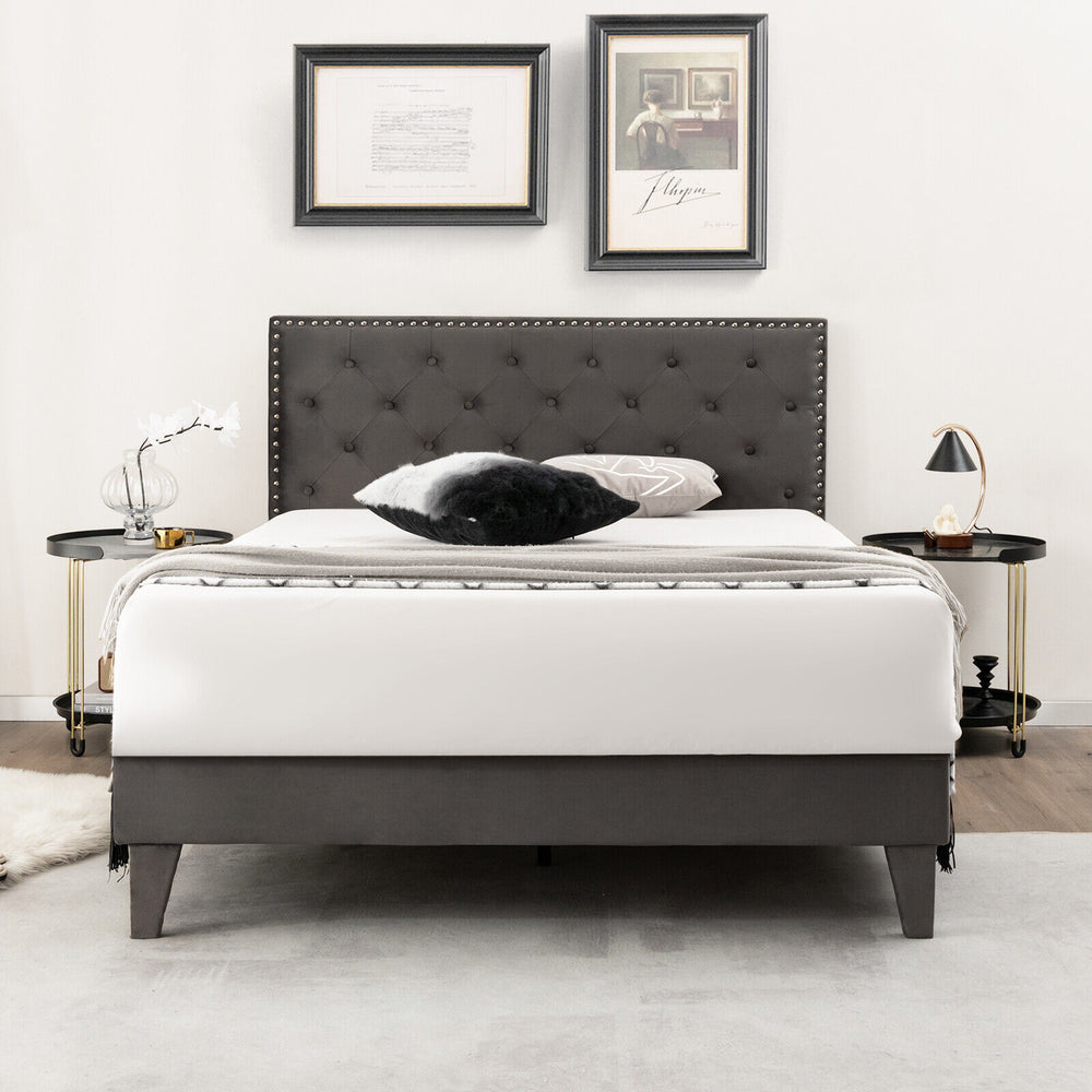 Full/Queen size upholstered platform bed with tufted headboard, sturdy frame, and 9-leg support for maximum stability.