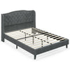 Full/Queen size upholstered platform bed frame with button tufted headboard in gray, featuring solid wooden slats for.