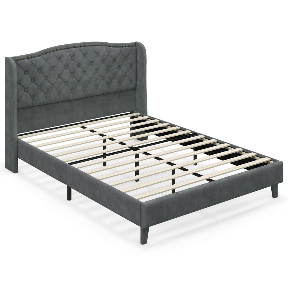 Full/Queen size upholstered platform bed frame with button tufted headboard in gray, featuring solid wooden slats for.