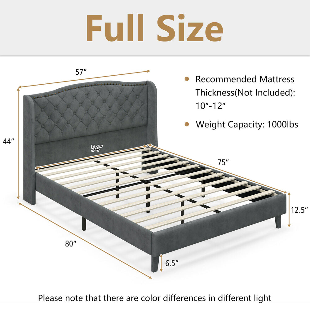 Full size upholstered platform bed frame with button tufted headboard, solid wooden slats, and velvet fabric for.