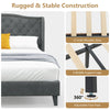 Upholstered platform bed frame with button tufted headboard, solid wooden slats, and adjustable foot pads for stability.