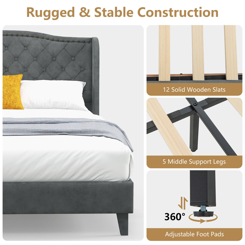 Upholstered platform bed frame with button tufted headboard, solid wooden slats, and adjustable foot pads for stability.