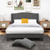 Upholstered platform bed frame with button tufted headboard in gray, featuring solid wood slats and under-bed storage.