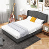 Upholstered full/queen size platform bed frame with button tufted headboard in gray velvet, ideal for modern bedrooms.