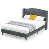 Upholstered platform bed frame with button tufted headboard in gray velvet, suitable for full/queen size mattresses.