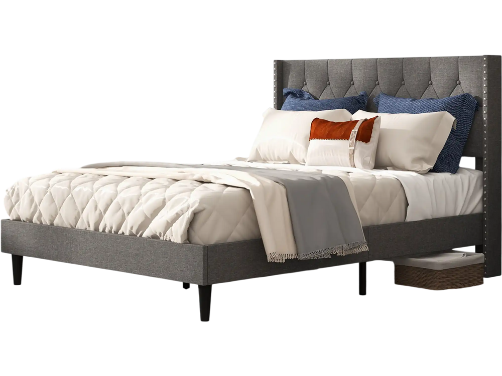 Full/Queen size upholstered platform bed with button tufted headboard in gray, perfect for bedroom or guest room decor.