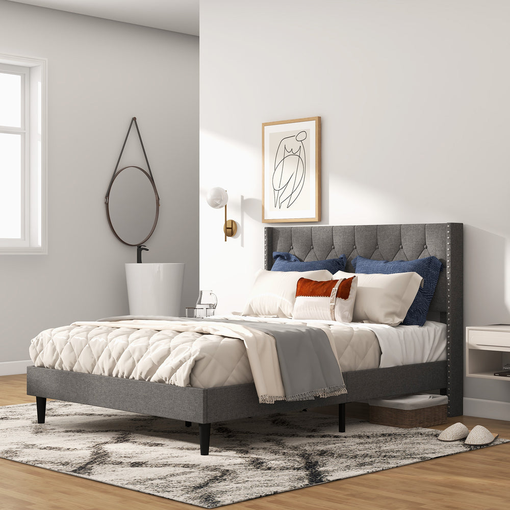 Full/Queen Size Upholstered Platform Bed with Button Tufted Headboard-Full Size - Gallery View 1 of 10