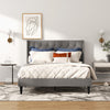 Full/Queen size upholstered platform bed with button tufted headboard in gray linen, perfect for stylish bedroom decor.