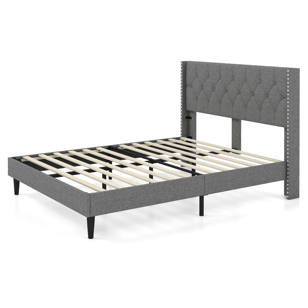 Full/Queen size upholstered platform bed with button tufted headboard, solid wooden slats, and adjustable foot pads for.