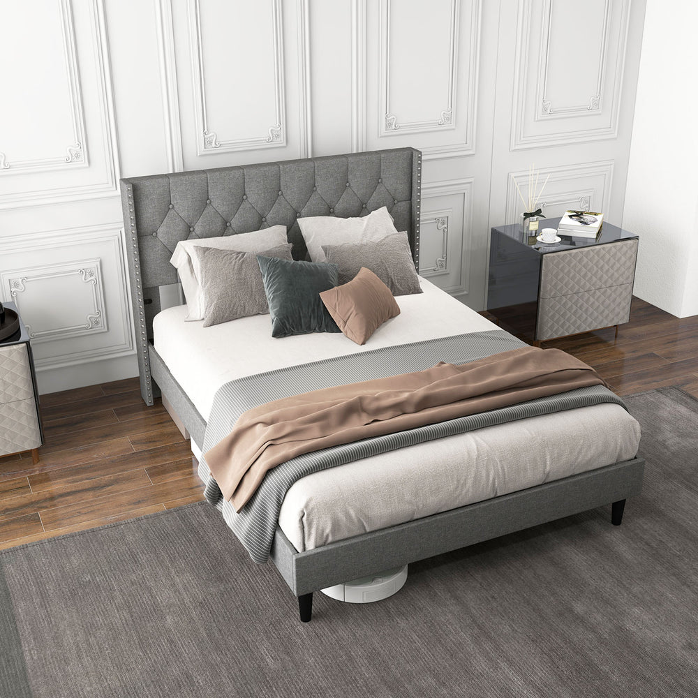 Full/Queen size upholstered platform bed with button tufted headboard, featuring a stylish design and ample under-bed.