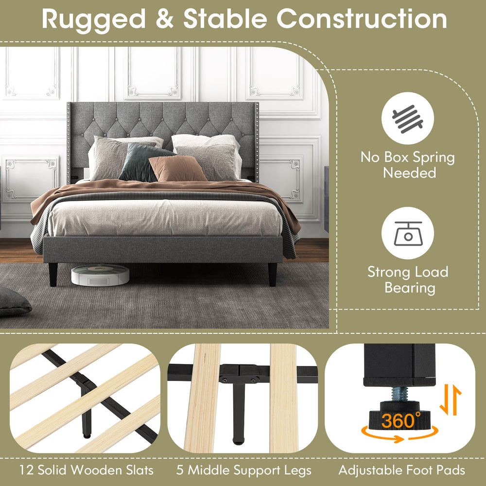 Full/Queen size upholstered platform bed with button tufted headboard, featuring solid wooden slats and adjustable foot.