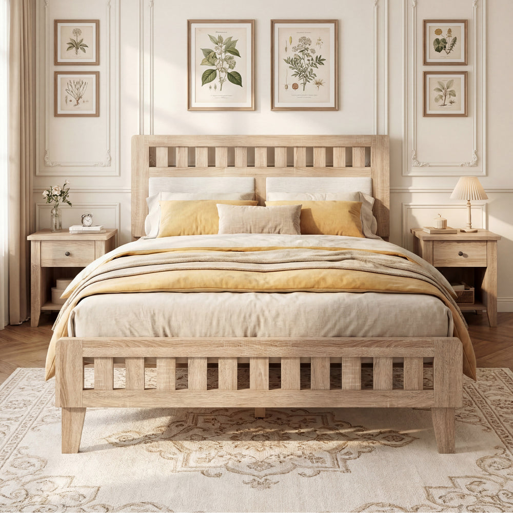 Full Size Wood Bed Frame with Upholstered Headboard Mid Century Style - Gallery View 1 of 10
