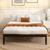 Full size wood bed frame in espresso showcasing a minimalist design and ample under-bed space for storage solutions.