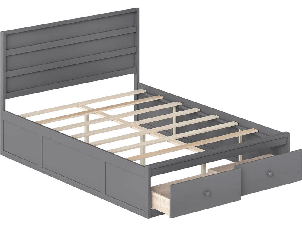 Gray full size wooden platform bed frame with storage drawers and headboard, featuring robust plywood slats for.