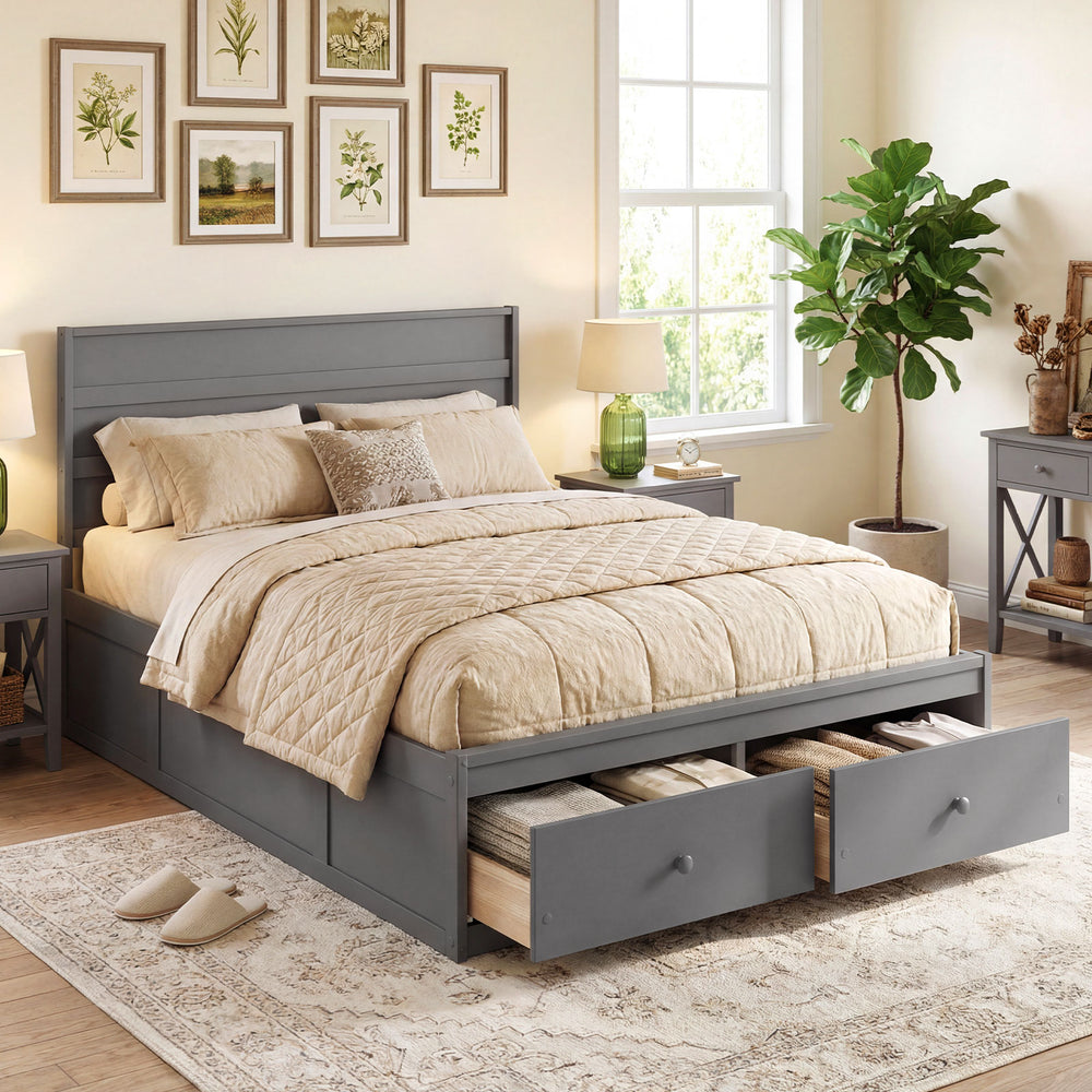 Full size gray wooden platform bed frame with storage drawers, featuring a modern design and sturdy support for.