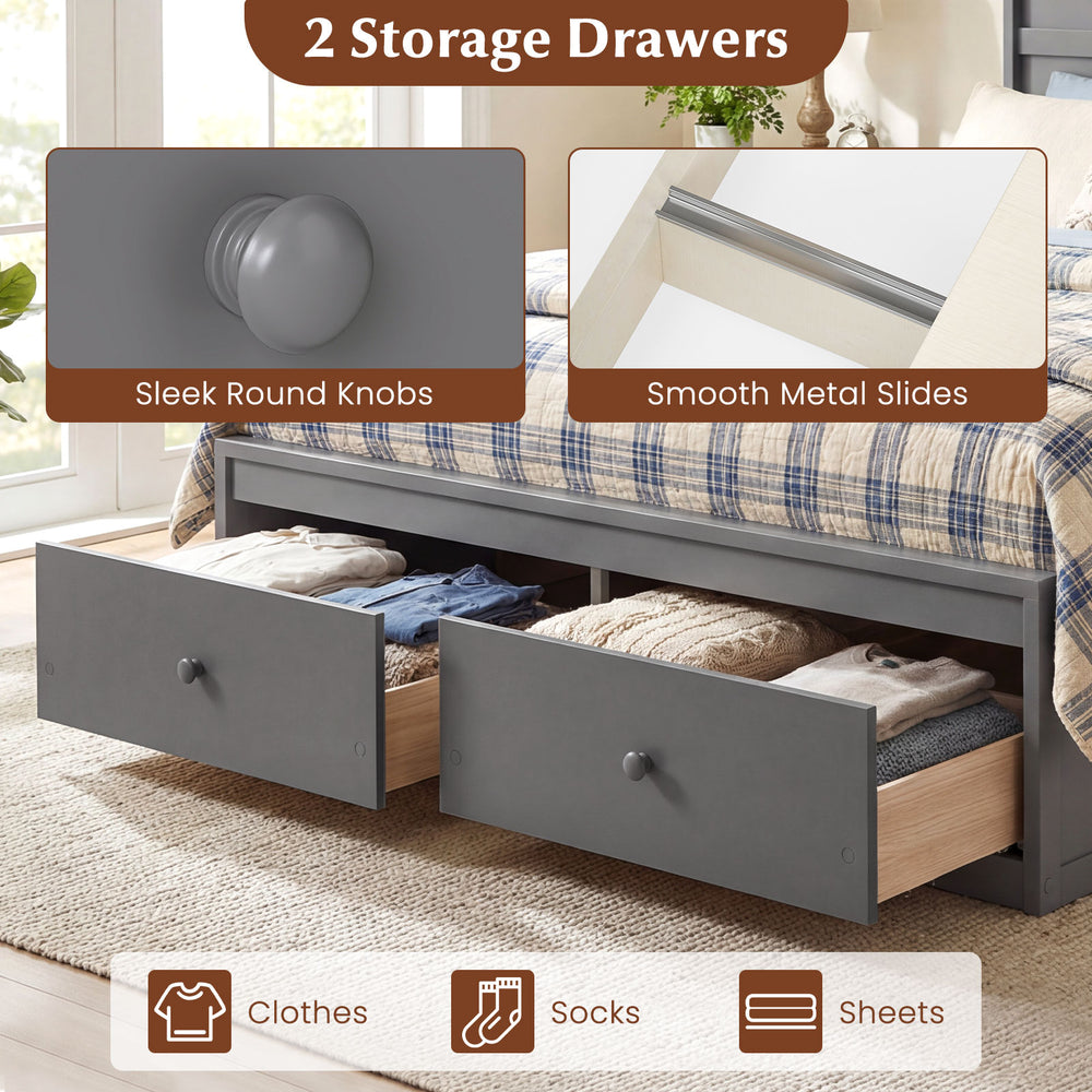 Full size gray wooden platform bed frame with two storage drawers for clothes, socks, and sheets, featuring sleek round.