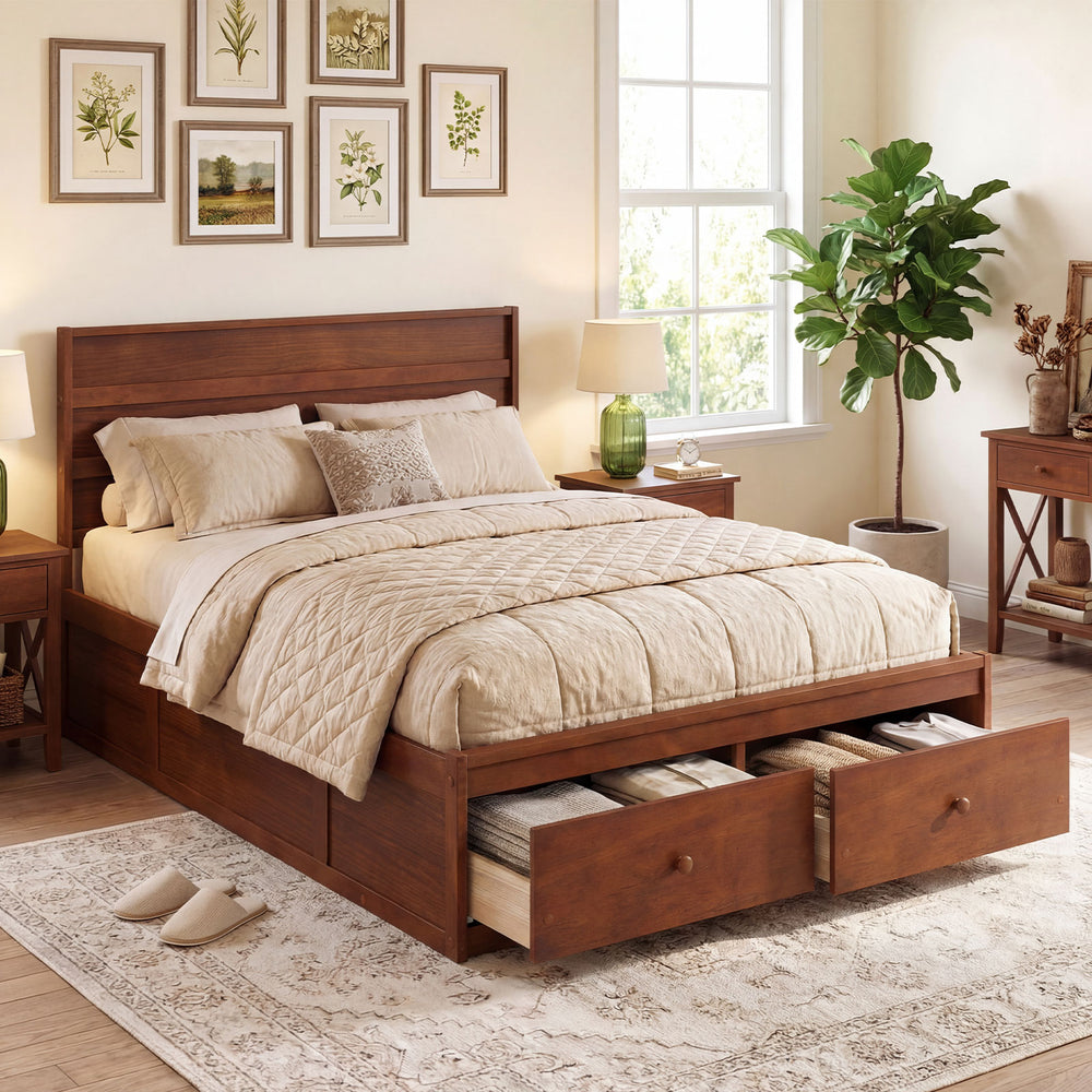 Full Size Wooden Platform Bed Frame with Storage Drawers-Walnut - Gallery View 1 of 10