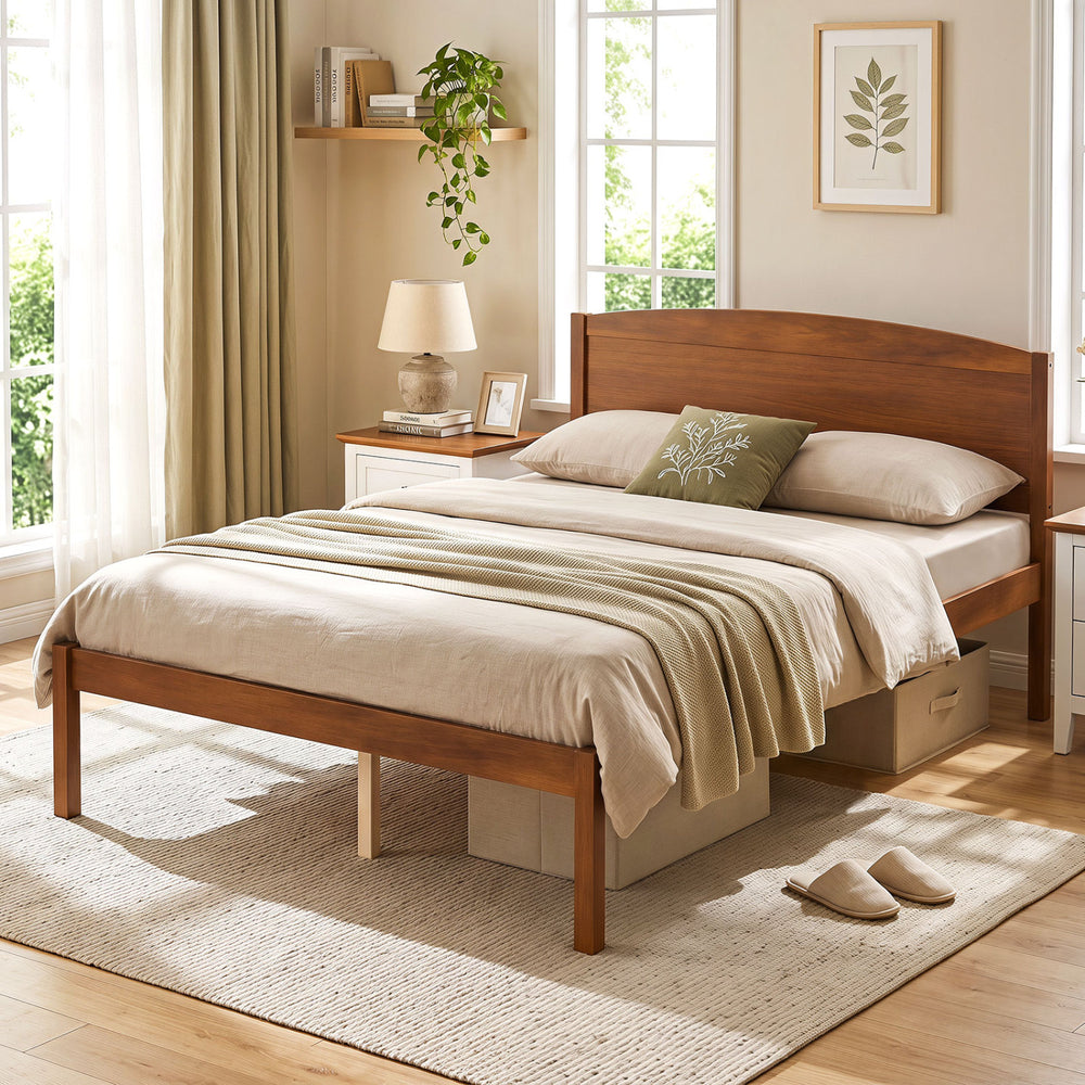 Full Size Wooden Platform Bed Frame with Curved Headboard-Walnut - Gallery View 1 of 9