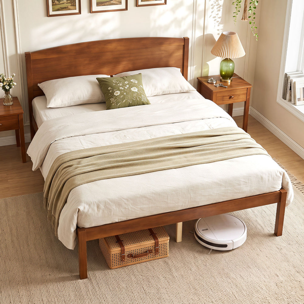 Full size wooden platform bed frame in walnut with a curved headboard, featuring ample under-bed storage and sturdy support.