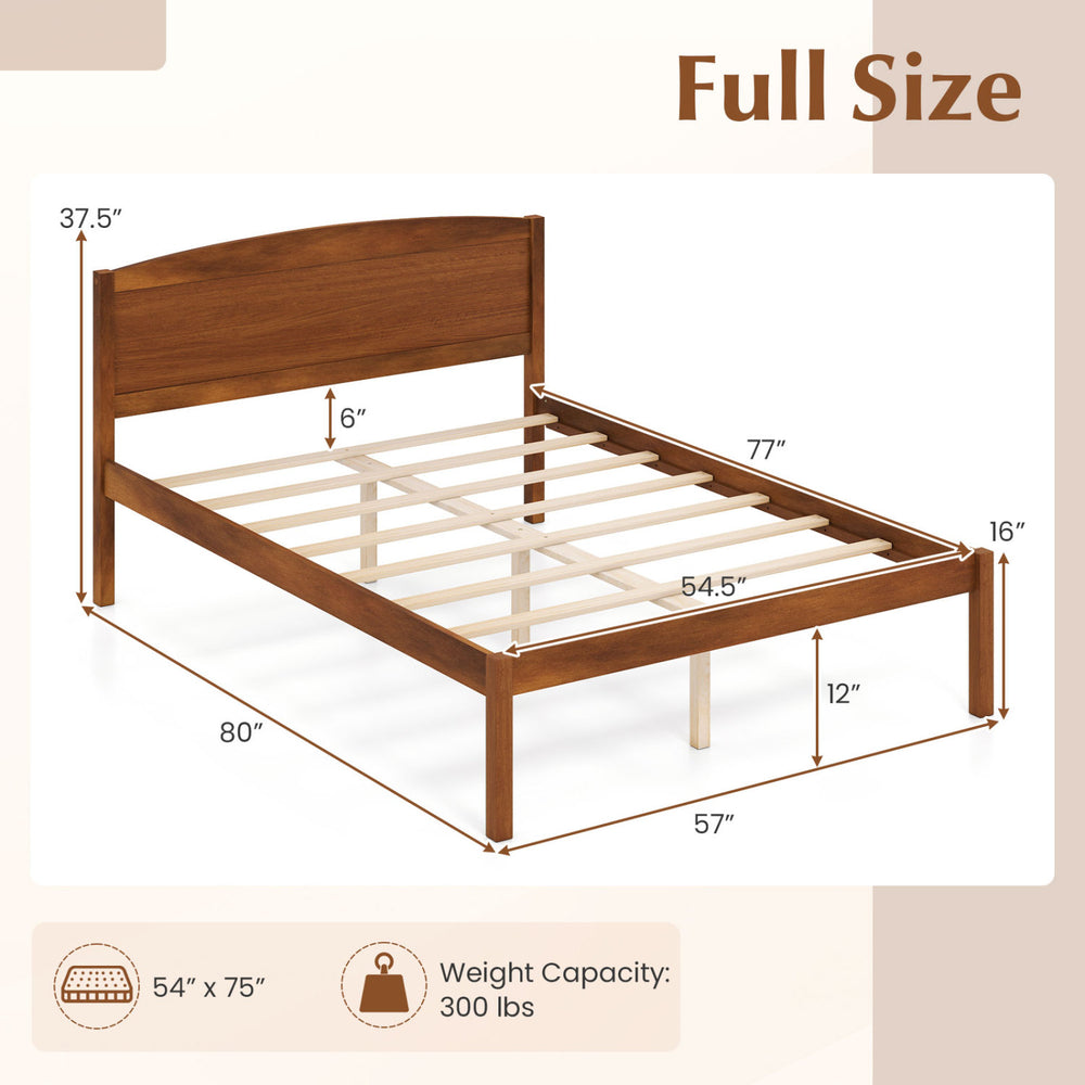Full size wooden platform bed frame in walnut with a curved headboard and 12" under-bed storage for modern bedrooms.