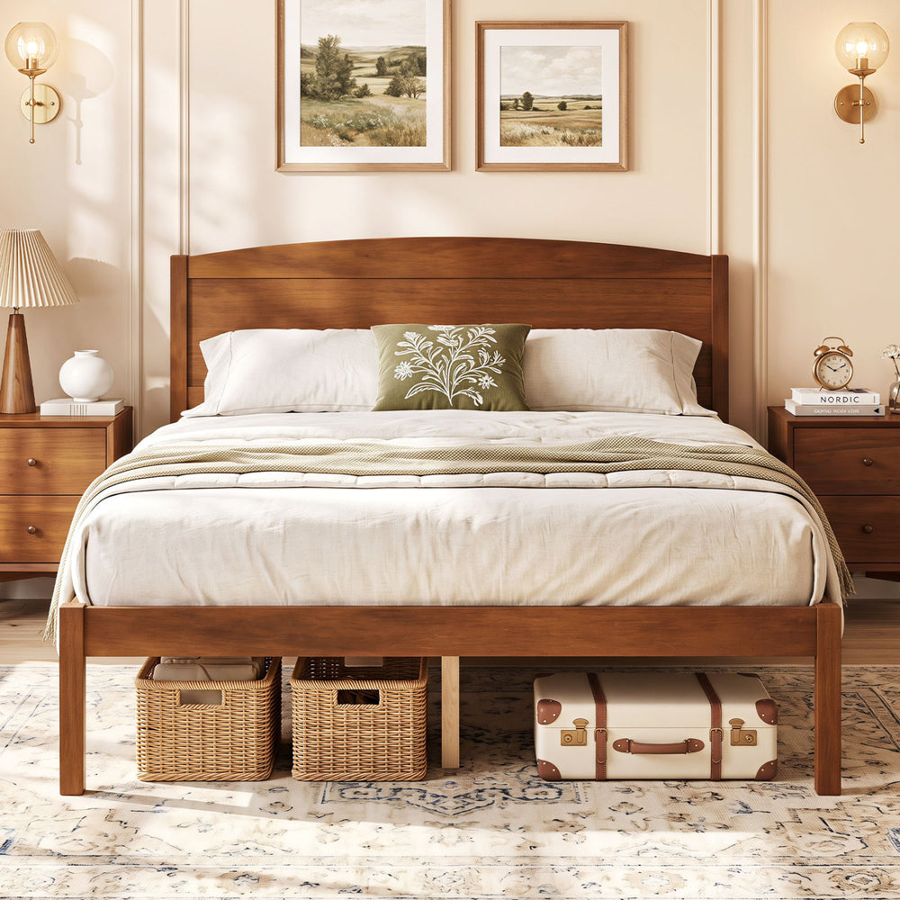 Full size wooden platform bed frame in walnut with a curved headboard, featuring 12" under-bed storage for efficient organization.