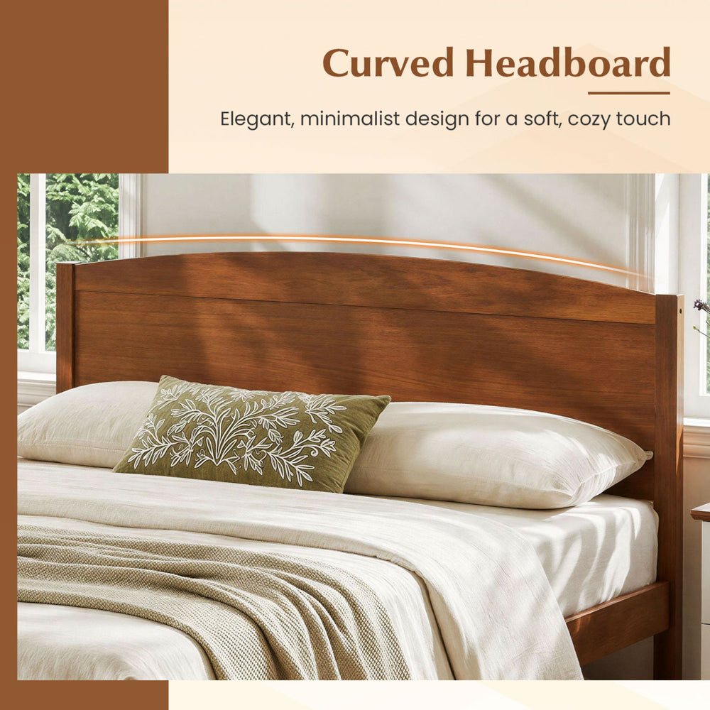 Full size wooden platform bed frame with a curved headboard in walnut, featuring a minimalist design for cozy modern rooms.