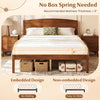 Full size wooden platform bed frame with curved headboard in walnut, featuring no sliding design and 12" under-bed storage.