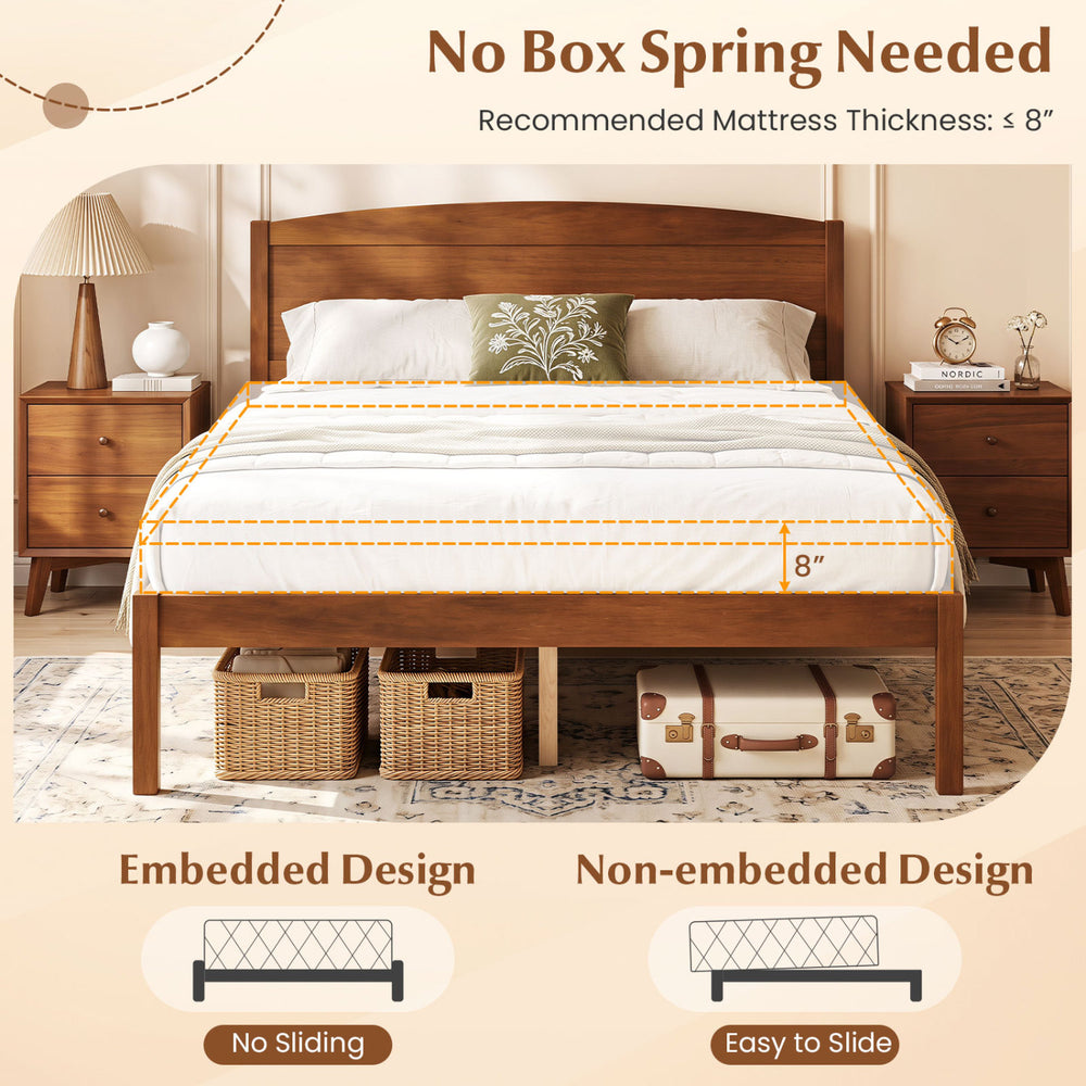 Full size wooden platform bed frame with curved headboard in walnut, featuring no sliding design and 12" under-bed storage.