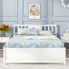 Full-size wooden platform bed in white with slatted support and stylish headboard, perfect for elegant bedroom decor.
