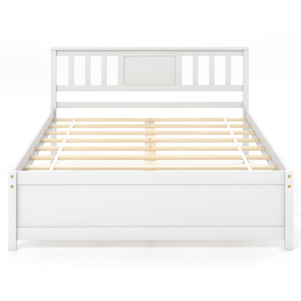 Full-size wooden platform bed in white with slatted support and stylish headboard, designed for lasting durability.